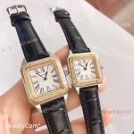 Replica Cartier Santos-Dumont Diamond Watch Black Leather Strap Gold Bezel
